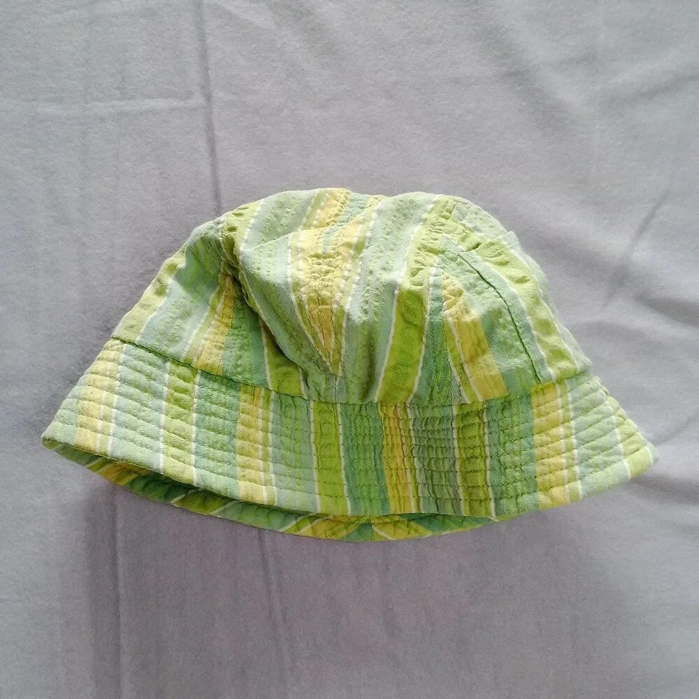 Vtg Gap Cotton Bucket Sun Hat Cap Green Yellow Stripe Beach Infant Toddler S/M